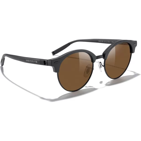 MERRYS Round Polarized Sunglasses for Women Men Classic Retro Half Frame Aluminum TemplesMatte Black FrameMatte Black BridgeBrown Lens
