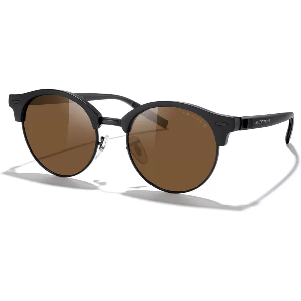MERRYS Round Polarized Sunglasses for Women Men Classic Retro Half Frame Aluminum TemplesMatte Black FrameMatte Black BridgeBrown Lens