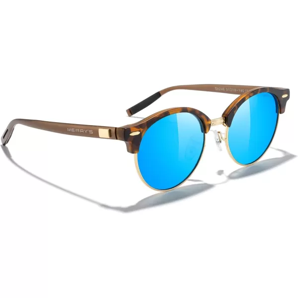 MERRYS Round Polarized Sunglasses for Women Men Classic Retro Half Frame Aluminum TemplesMatte Leopard FrameGold BridgeBlue Mirror Lens