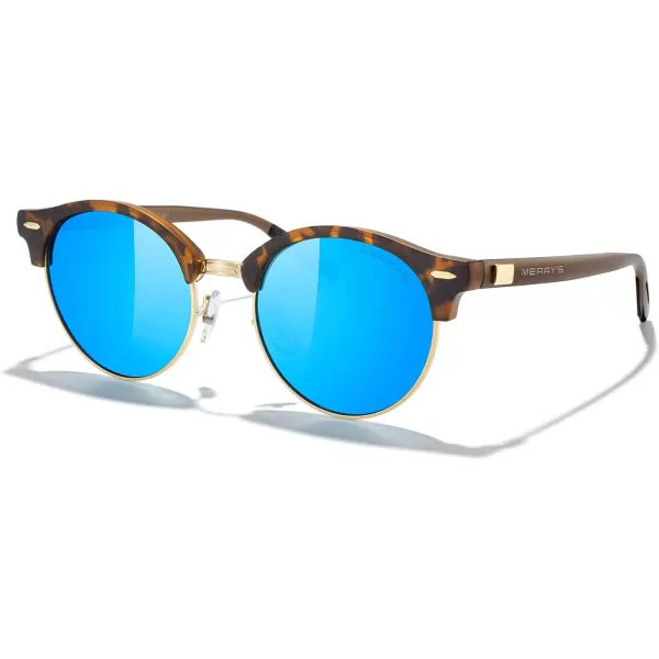 MERRYS Round Polarized Sunglasses for Women Men Classic Retro Half Frame Aluminum TemplesMatte Leopard FrameGold BridgeBlue Mirror Lens