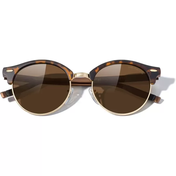 MERRYS Round Polarized Sunglasses for Women Men Classic Retro Half Frame Aluminum TemplesMatte Leopard FrameGold BridgeBrown Lens