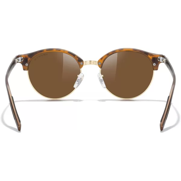 MERRYS Round Polarized Sunglasses for Women Men Classic Retro Half Frame Aluminum TemplesMatte Leopard FrameGold BridgeBrown Lens