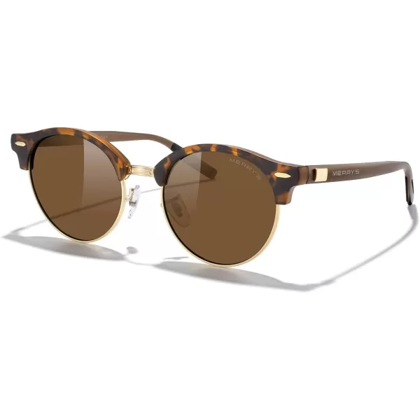 MERRYS Round Polarized Sunglasses for Women Men Classic Retro Half Frame Aluminum TemplesMatte Leopard FrameGold BridgeBrown Lens