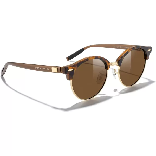 MERRYS Round Polarized Sunglasses for Women Men Classic Retro Half Frame Aluminum TemplesMatte Leopard FrameGold BridgeBrown Lens