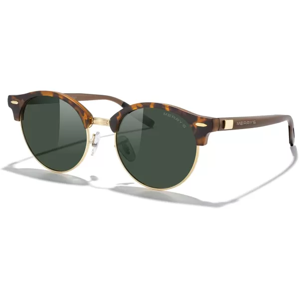 MERRYS Round Polarized Sunglasses for Women Men Classic Retro Half Frame Aluminum TemplesMatte Leopard FrameGold BridgeG15 Lens