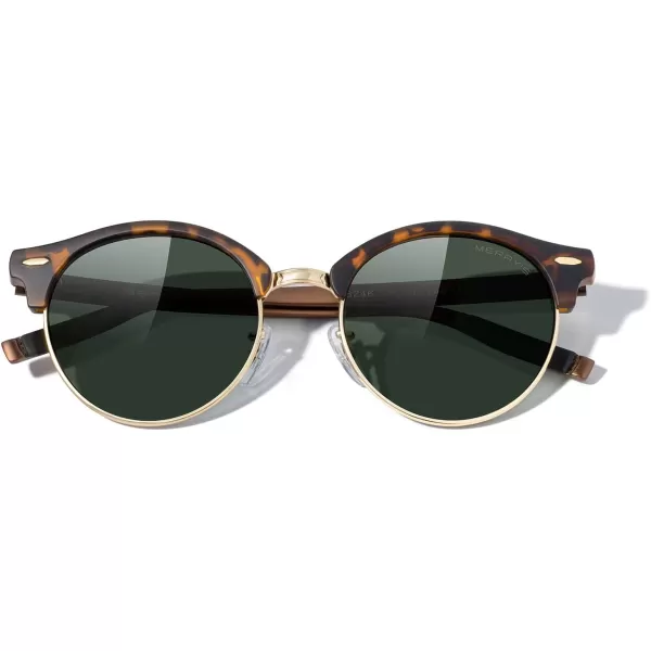 MERRYS Round Polarized Sunglasses for Women Men Classic Retro Half Frame Aluminum TemplesMatte Leopard FrameGold BridgeG15 Lens