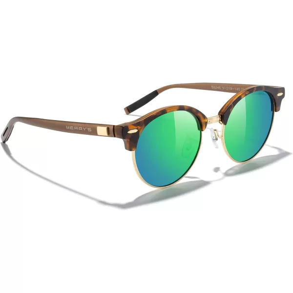 MERRYS Round Polarized Sunglasses for Women Men Classic Retro Half Frame Aluminum TemplesMatte Leopard FrameGold BridgeGreen Mirror Lens