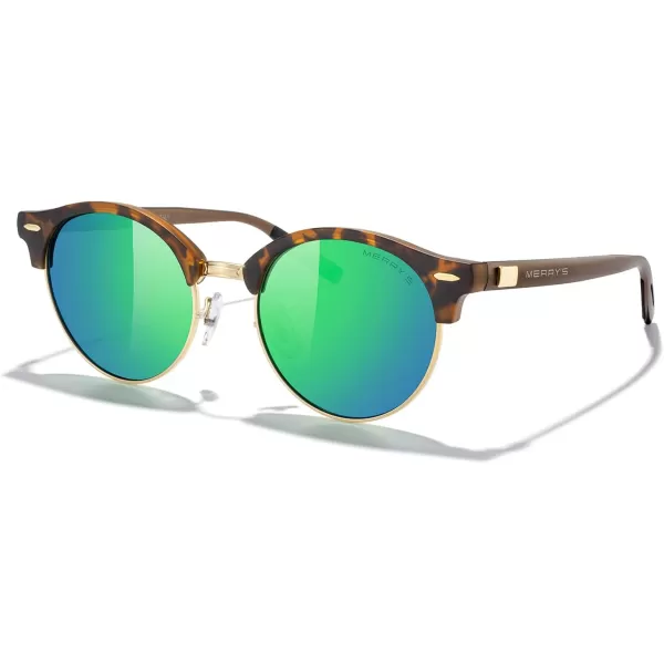 MERRYS Round Polarized Sunglasses for Women Men Classic Retro Half Frame Aluminum TemplesMatte Leopard FrameGold BridgeGreen Mirror Lens
