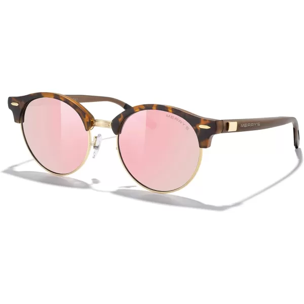 MERRYS Round Polarized Sunglasses for Women Men Classic Retro Half Frame Aluminum TemplesMatte Leopard FrameGold BridgePink Mirror Lens