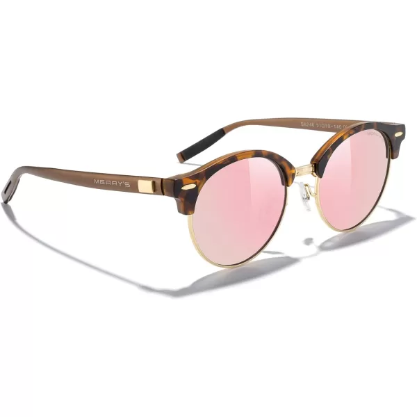 MERRYS Round Polarized Sunglasses for Women Men Classic Retro Half Frame Aluminum TemplesMatte Leopard FrameGold BridgePink Mirror Lens