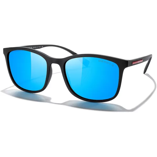 MERRYS Square Polarized Sunglasses for Men Women Ultralight Shades Driving Fishing Golf UV400 S8668Matte Black FrameBlue Mirror LensRed Temples