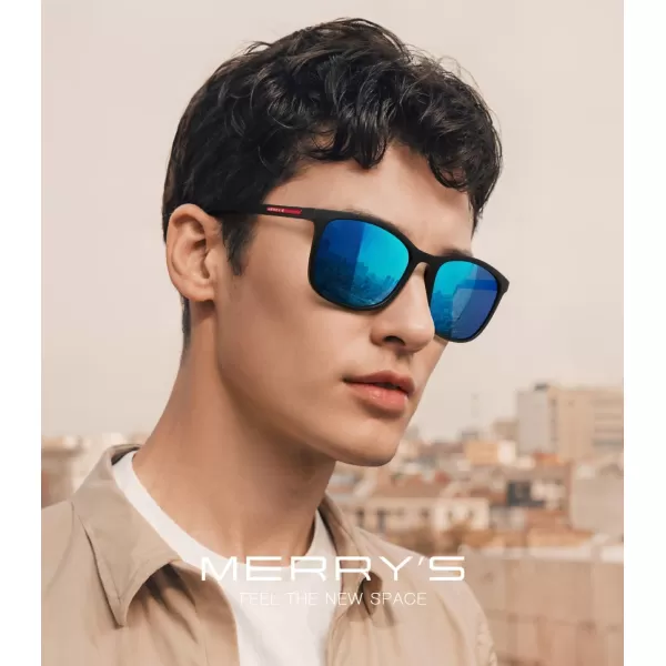 MERRYS Square Polarized Sunglasses for Men Women Ultralight Shades Driving Fishing Golf UV400 S8668Matte Black FrameBlue Mirror LensRed Temples