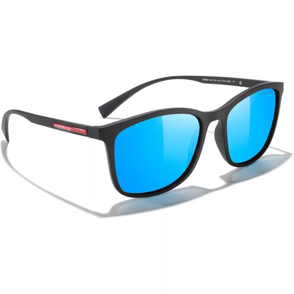 MERRYS Square Polarized Sunglasses for Men Women Ultralight Shades Driving Fishing Golf UV400 S8668Matte Black FrameBlue Mirror LensRed Temples