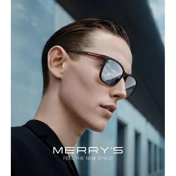 MERRYS Square Polarized Sunglasses for Men Women Ultralight Shades Driving Fishing Golf UV400 S8668Matte Black FrameSilver Mirror LensRed Temples