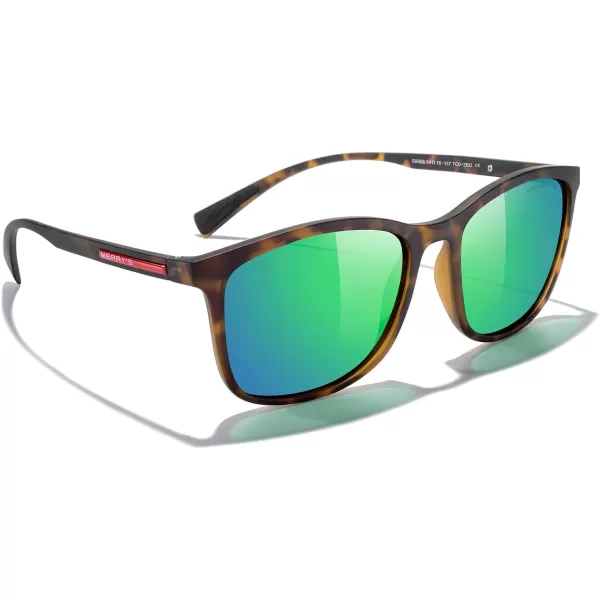 MERRYS Square Polarized Sunglasses for Men Women Ultralight Shades Driving Fishing Golf UV400 S8668Matte Leopard FrameGreen Mirror LensRed Temples