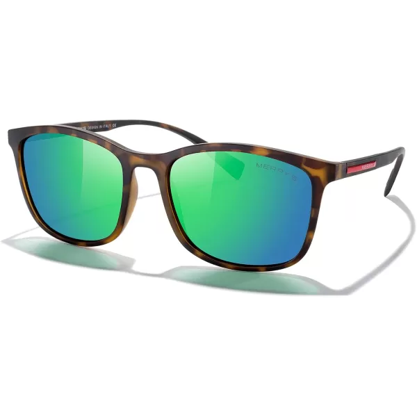 MERRYS Square Polarized Sunglasses for Men Women Ultralight Shades Driving Fishing Golf UV400 S8668Matte Leopard FrameGreen Mirror LensRed Temples