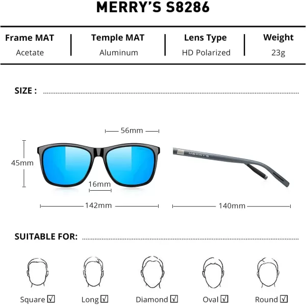 MERRYS Unisex Polarized Aluminum Sunglasses Vintage Sun Glasses For MenWomen S82860c02 Black FrameBlue Mirror LensGrey Temples