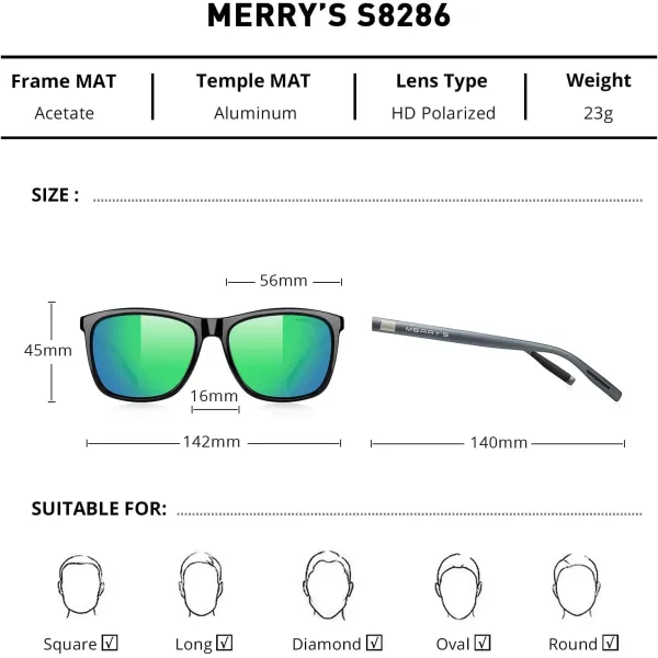 MERRYS Unisex Polarized Aluminum Sunglasses Vintage Sun Glasses For MenWomen S82860c03 Black FrameGreen Mirror LensGrey Temples
