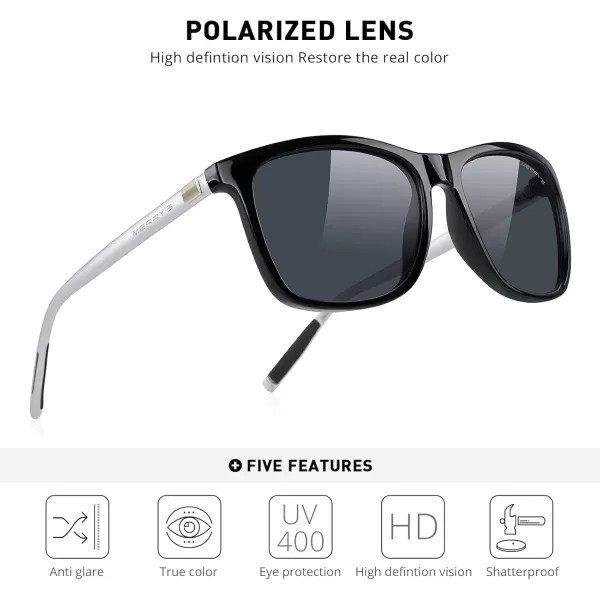 MERRYS Unisex Polarized Aluminum Sunglasses Vintage Sun Glasses For MenWomen S8286Black FrameBlack LensSilver Temples