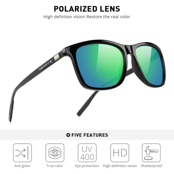 MERRYS Unisex Polarized Aluminum Sunglasses Vintage Sun Glasses For MenWomen S8286Black FrameGreen MirrorBlack Temples