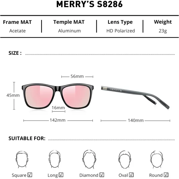 MERRYS Unisex Polarized Aluminum Sunglasses Vintage Sun Glasses For MenWomen S8286Black FramePink Mirror LensGrey Temples