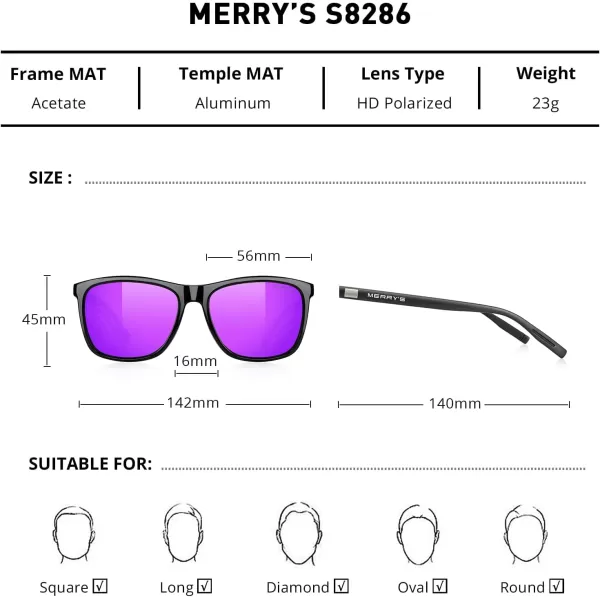 MERRYS Unisex Polarized Aluminum Sunglasses Vintage Sun Glasses For MenWomen S8286Black FrameRed Purple Mirror LensBlack Temples