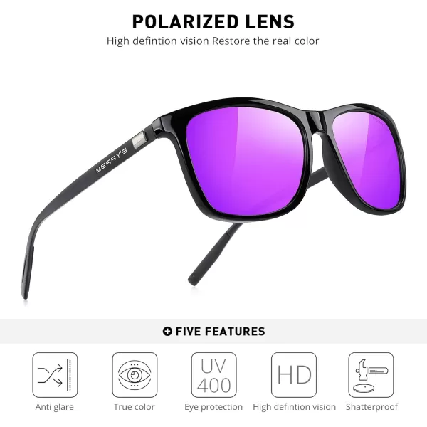 MERRYS Unisex Polarized Aluminum Sunglasses Vintage Sun Glasses For MenWomen S8286Black FrameRed Purple Mirror LensBlack Temples