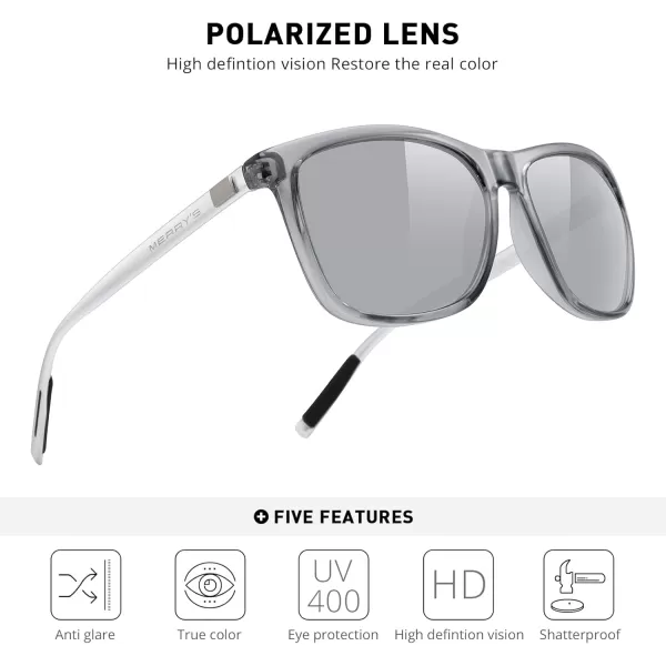 MERRYS Unisex Polarized Aluminum Sunglasses Vintage Sun Glasses For MenWomen S8286Tra Gray FrameSilver Mirror LensSilver Temples