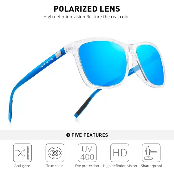 MERRYS Unisex Polarized Aluminum Sunglasses Vintage Sun Glasses For MenWomen S8286Transparent FrameBlue Mirror LensBlue Temples