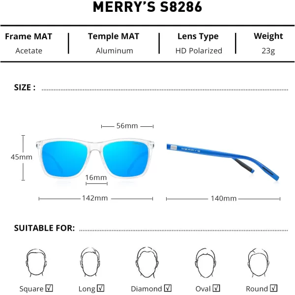 MERRYS Unisex Polarized Aluminum Sunglasses Vintage Sun Glasses For MenWomen S8286Transparent FrameBlue Mirror LensBlue Temples