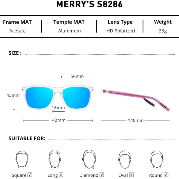 MERRYS Unisex Polarized Aluminum Sunglasses Vintage Sun Glasses For MenWomen S8286Transparent FrameBlue Mirror LensPink Temples
