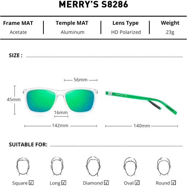 MERRYS Unisex Polarized Aluminum Sunglasses Vintage Sun Glasses For MenWomen S8286Transparent FrameGreen Mirror LensGreen Temples