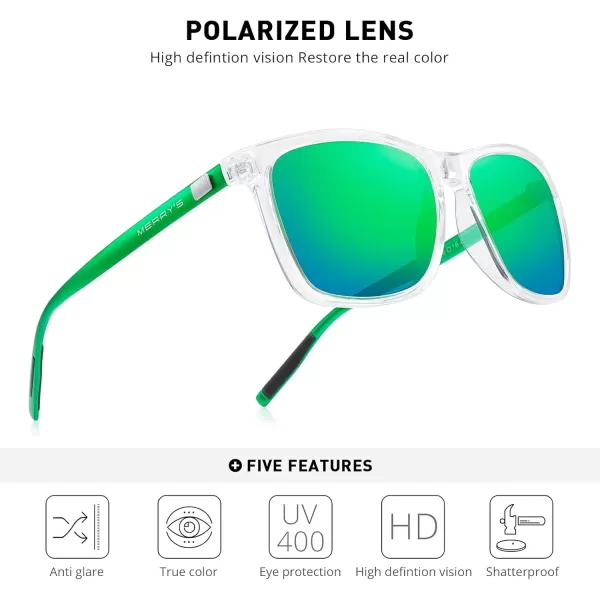 MERRYS Unisex Polarized Aluminum Sunglasses Vintage Sun Glasses For MenWomen S8286Transparent FrameGreen Mirror LensGreen Temples