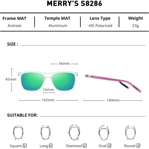 MERRYS Unisex Polarized Aluminum Sunglasses Vintage Sun Glasses For MenWomen S8286Transparent FrameGreen Mirror LensPink Temples