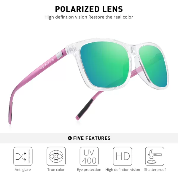 MERRYS Unisex Polarized Aluminum Sunglasses Vintage Sun Glasses For MenWomen S8286Transparent FrameGreen Mirror LensPink Temples
