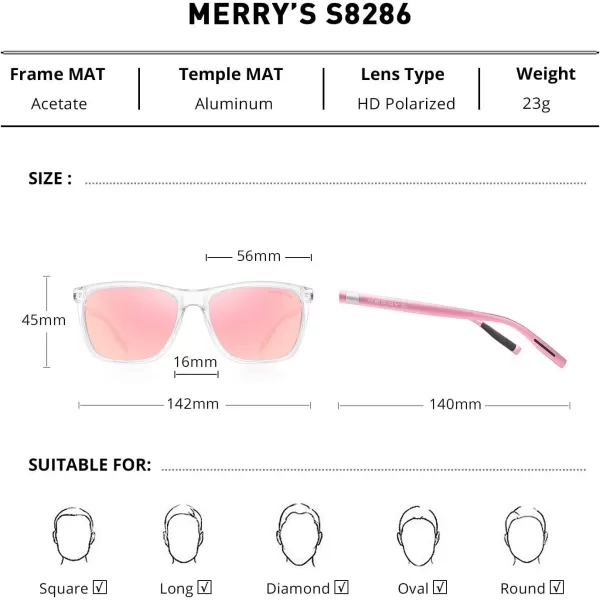 MERRYS Unisex Polarized Aluminum Sunglasses Vintage Sun Glasses For MenWomen S8286Transparent FramePink Mirror LensPink Temples