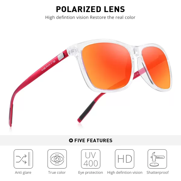 MERRYS Unisex Polarized Aluminum Sunglasses Vintage Sun Glasses For MenWomen S8286Transparent FrameRed Mirror LensRed Temples