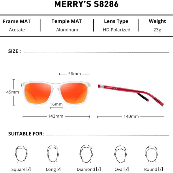 MERRYS Unisex Polarized Aluminum Sunglasses Vintage Sun Glasses For MenWomen S8286Transparent FrameRed Mirror LensRed Temples