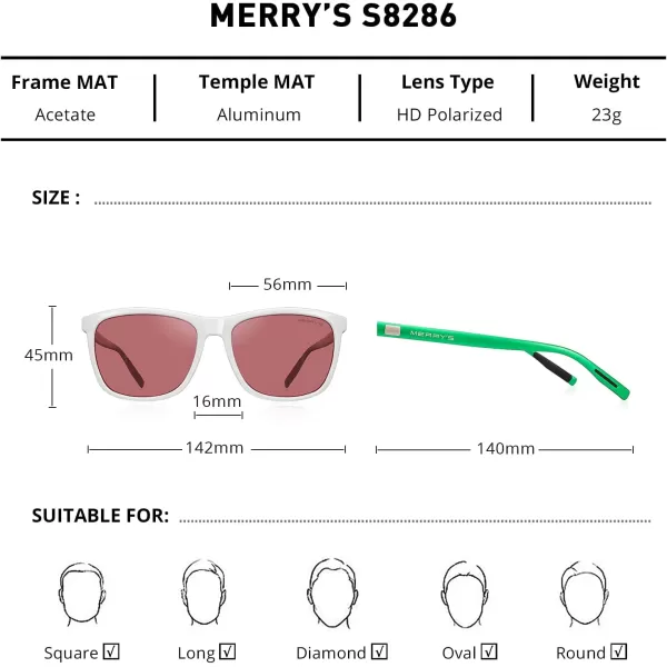 MERRYS Unisex Polarized Aluminum Sunglasses Vintage Sun Glasses For MenWomen S8286White FrameRed LensGreen Temples