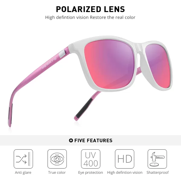 MERRYS Unisex Polarized Aluminum Sunglasses Vintage Sun Glasses For MenWomen S8286White FrameRed Purple Mirror LensPink Temples