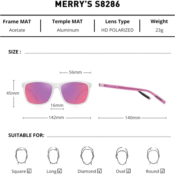 MERRYS Unisex Polarized Aluminum Sunglasses Vintage Sun Glasses For MenWomen S8286White FrameRed Purple Mirror LensPink Temples