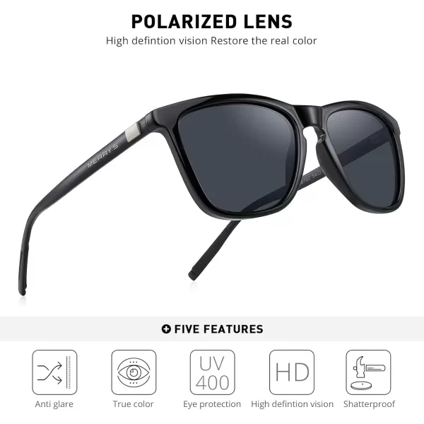 MERRYS Unisex Polarized Sunglasses for Women Men Classic Retro Designer Style Aluminum LegsBlack FrameBlack LensBlack Temples