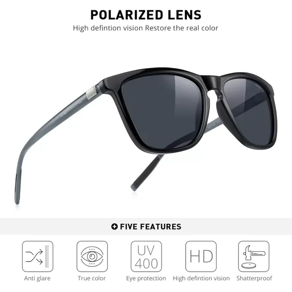 MERRYS Unisex Polarized Sunglasses for Women Men Classic Retro Designer Style Aluminum LegsBlack FrameBlack LensGray Temples