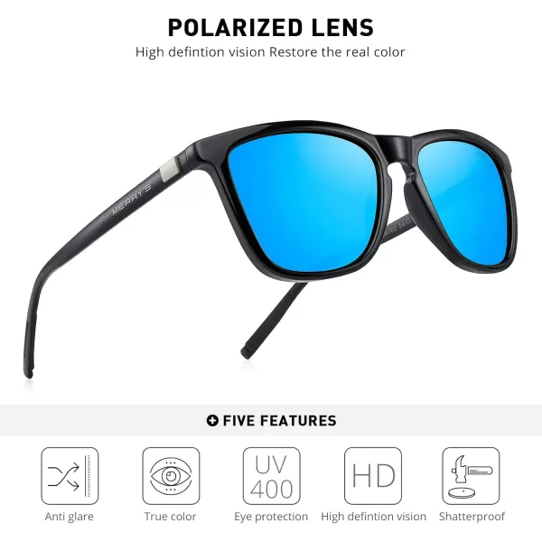 MERRYS Unisex Polarized Sunglasses for Women Men Classic Retro Designer Style Aluminum LegsBlack FrameBlue Mirror LensBlack Temples