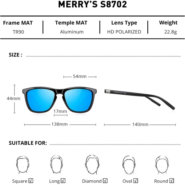 MERRYS Unisex Polarized Sunglasses for Women Men Classic Retro Designer Style Aluminum LegsBlack FrameBlue Mirror LensBlack Temples