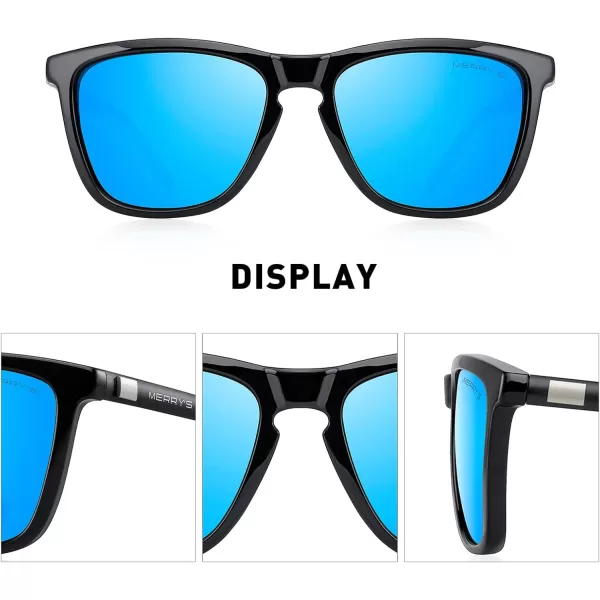 MERRYS Unisex Polarized Sunglasses for Women Men Classic Retro Designer Style Aluminum LegsBlack FrameBlue Mirror LensBlack Temples