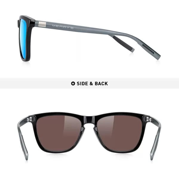 MERRYS Unisex Polarized Sunglasses for Women Men Classic Retro Designer Style Aluminum LegsBlack FrameBlue Mirror LensGray Temples
