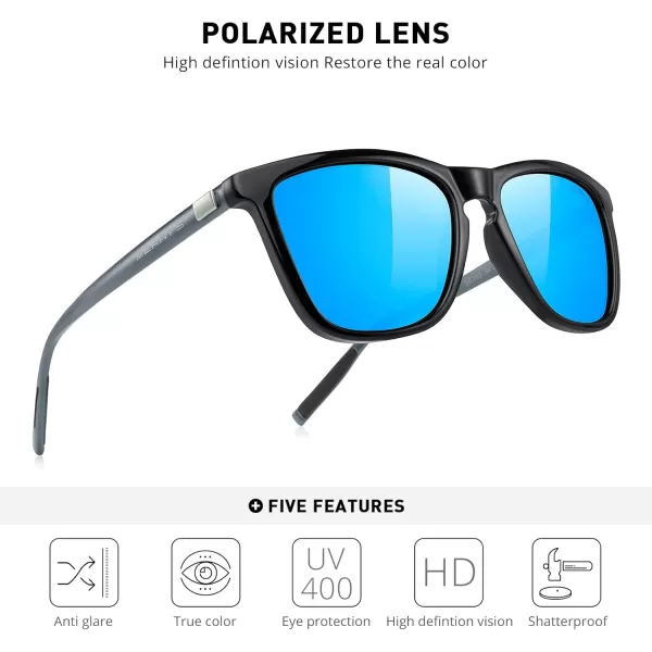 MERRYS Unisex Polarized Sunglasses for Women Men Classic Retro Designer Style Aluminum LegsBlack FrameBlue Mirror LensGray Temples