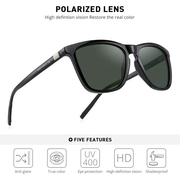 MERRYS Unisex Polarized Sunglasses for Women Men Classic Retro Designer Style Aluminum LegsBlack FrameG15 LensBlack Temples