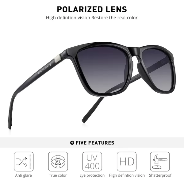 MERRYS Unisex Polarized Sunglasses for Women Men Classic Retro Designer Style Aluminum LegsBlack FrameGray Gradient LensBlack Temples